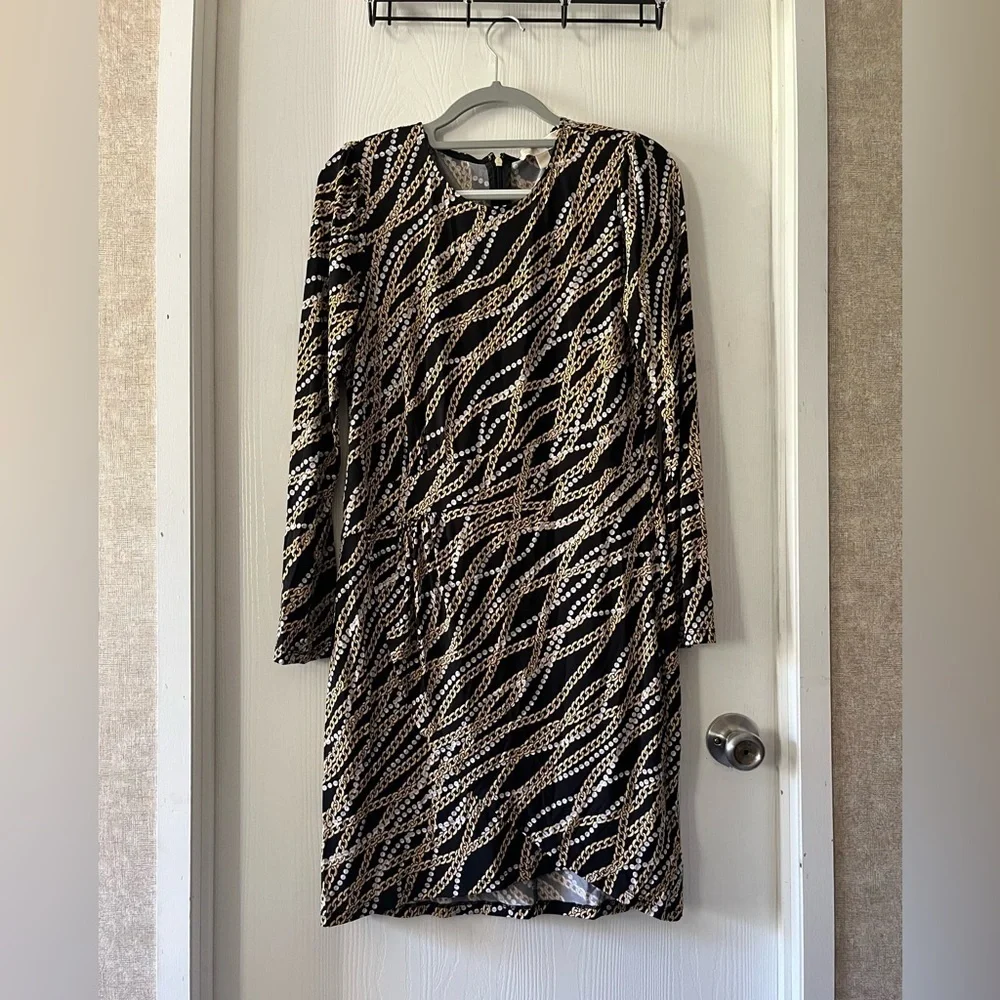 Michael Kors Black and Gold Chain Pattern Slinky Mini-Dress